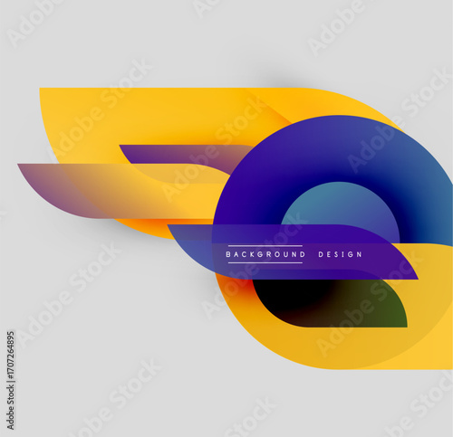 Abstract colorful shapes overlap. Yellow, purple, blue gradients create dynamic visual effect. Modern design element for backgrounds.