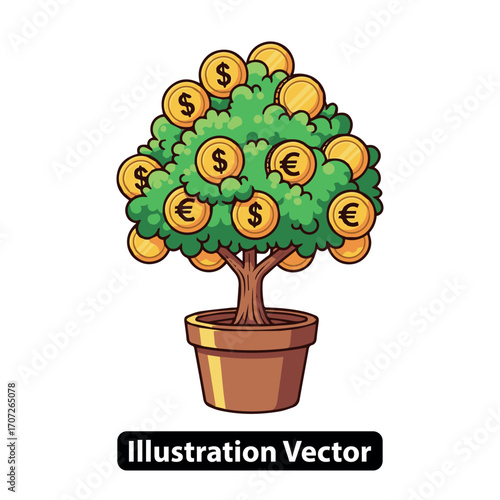 Vector illustration of a flourishing money tree in a pot representing financial growth and investment