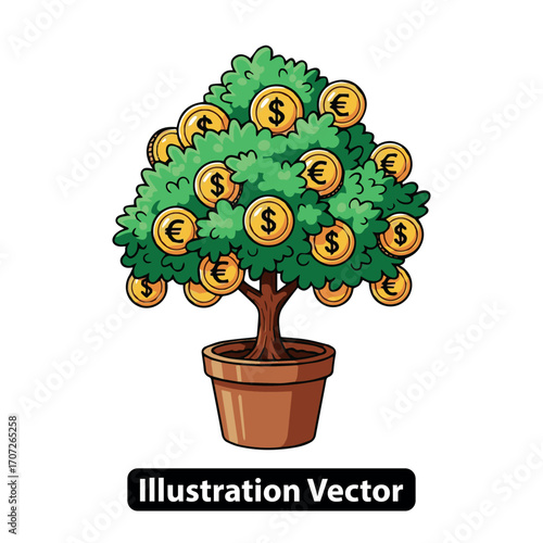 Vector concept of a potted money tree with golden coins representing investment and profit