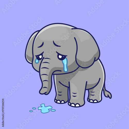 Sad Elephant Crying Vector Illustration – Cute Animal Character in Emotional Mood. 
