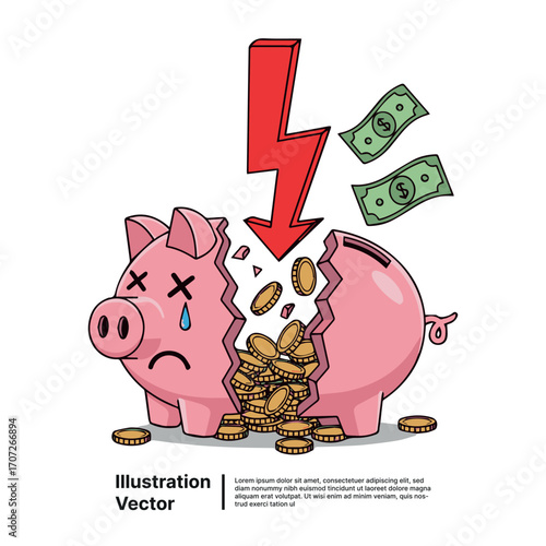 Broken Piggy Bank with Falling Money Financial Crisis Vector Illustration