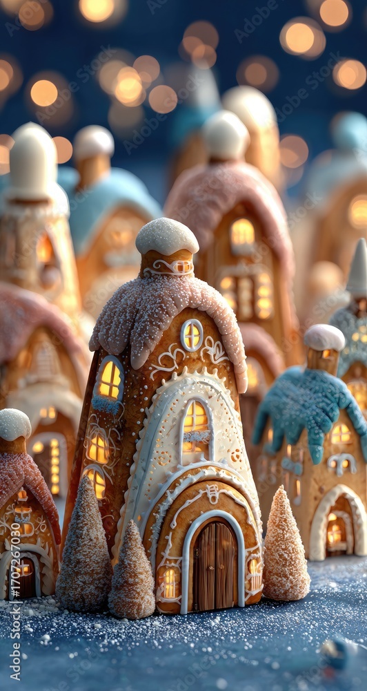 Fototapeta premium Illuminated gingerbread village nestled in a snowy scene, glowing warmly against a bokeh backdrop