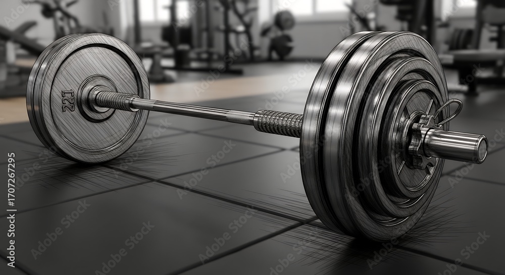 Naklejka premium Heavy Metal Barbell with Weight Plates on Gym Floor in Fitness Studio