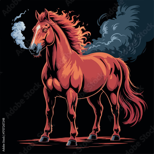 illustration, horse, vector, wild, symbol, silhouette, background, red, art, stallion, farm, animal, drawing, design, mammal, speed, sport, freedom, isolated, equestrian, orange, nature, fire, head, 