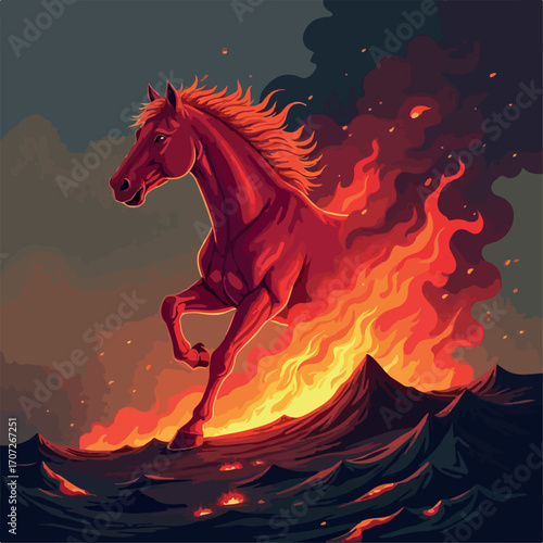illustration, horse, vector, wild, symbol, silhouette, background, red, art, stallion, farm, animal, drawing, design, mammal, speed, sport, freedom, isolated, equestrian, orange, nature, fire, head, 