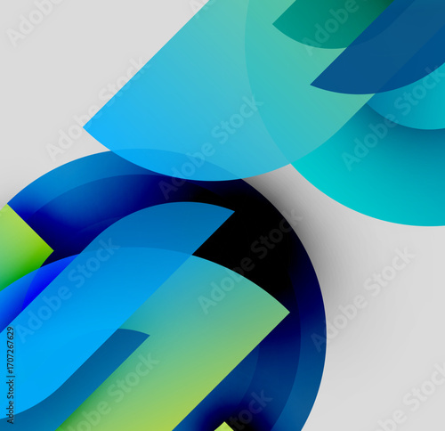 Abstract composition. Overlapping translucent shapes create dynamic visual effect. Blue, green hues dominate, suggesting fluidity, depth.