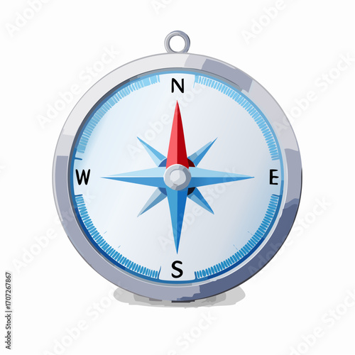 Shiny silver navigational compass with a red arrow, vector illustration for travel and direction
