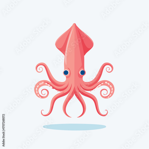 Minimalist vector illustration of a cute pink squid with a flat design on a clean white background