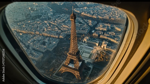 Paris, France is a top European travel spot. See the Eiffel Tower from above through a plane window.

