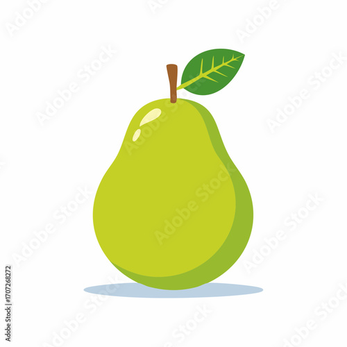 Vector illustration of a single ripe green pear with a leaf, flat design style, isolated on white background