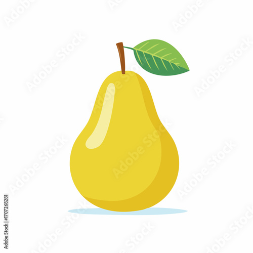 Vector illustration of a single ripe yellow pear with a leaf. Flat design icon isolated on white