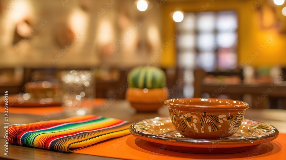 Fototapeta premium Traditional Mexican table with colorful textiles and ceramics, celebrating rich cultural heritage in a cozy setting.