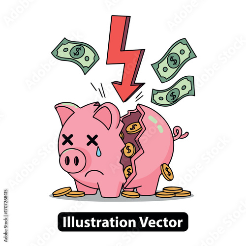 Broken pink piggy bank getting struck by lightning symbolizes financial crisis and bankruptcy