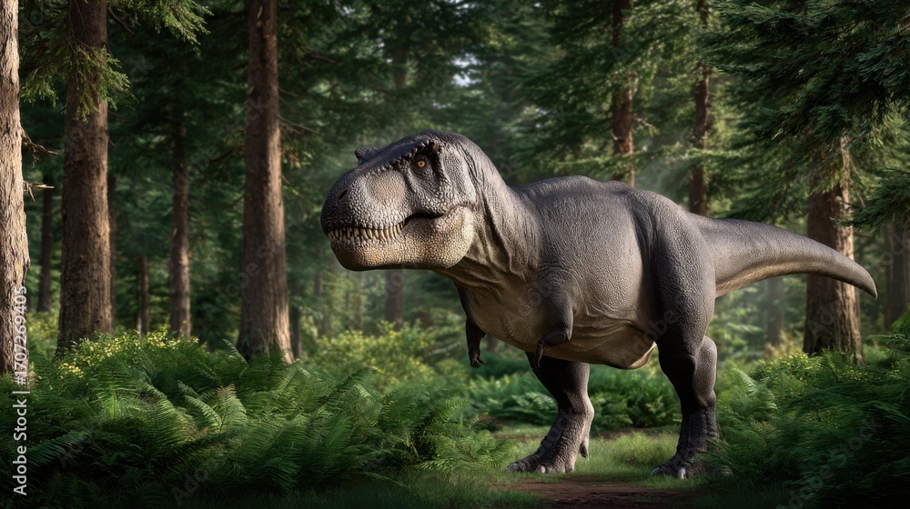 Fototapeta premium Majestic Dinosaur Walking Through Lush Green Forest Surrounded by Towering Trees Creating a Mystical and Prehistoric Natural Environment Scene
