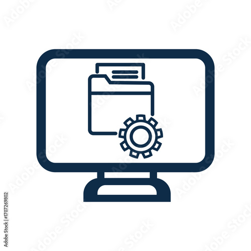 An icon showing a desktop computer monitor with a folder and a gear symbol on the screen, representing the functions of an ERP system. This graphic symbolizes ERP data entry and the digital management