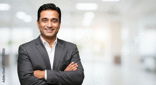 Man in a suit smiling with arms crossed in an office