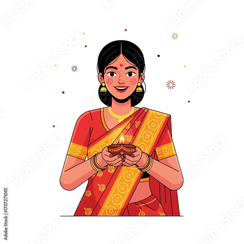 Beautiful Indian woman in traditional saree holding a glowing diya lamp celebrating the Diwali festival