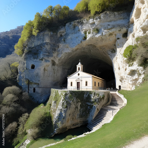 Genga (Ancona), Italy, 11.04.2023: view of the Sanctuary of Santa Maria infra Saxa at the entrance of Frasassi caves.