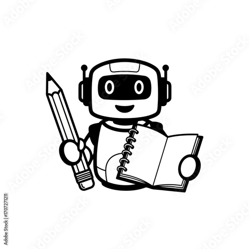 Friendly robot character holding pencil and notebook for creative writing education vector illustration vector