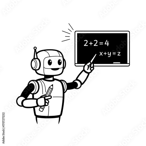 Friendly robot teacher illustrating math equations on a blackboard vector illustration scalable icon vector
