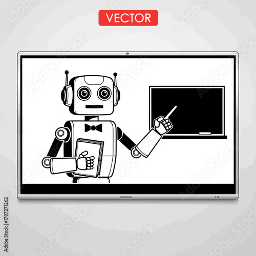 Hand drawn robot teacher icon holding book pointing at blackboard scalable vector illustration vector