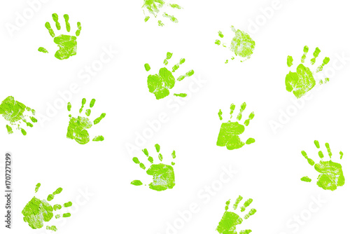Scattered lime green handprints