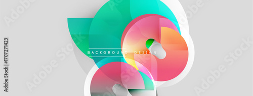 Abstract shapes overlap, creating vibrant color gradients. Design features teal, pink, green hues on light gray backdrop. Modern aesthetic.