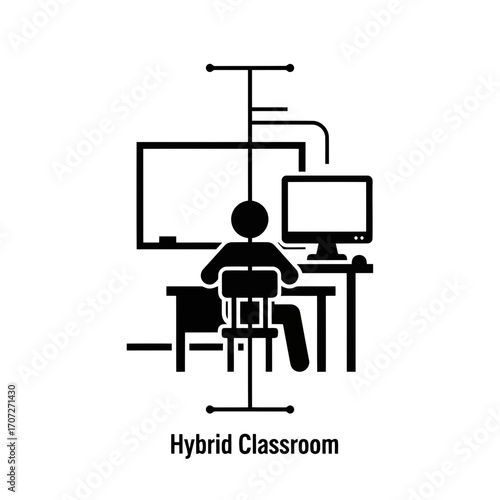 Hybrid classroom pictogram student desk technology remote learning education vector vector