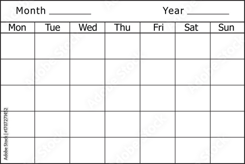 Blank calendar template for planning and scheduling events, appointments, and deadlines with space to write month and year, Editable stroke, vector