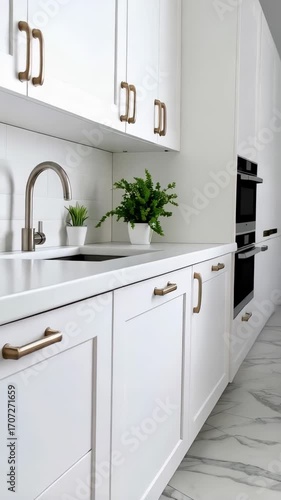 White kitchen cabinetry with steel faucet, potted plants, and subway tiles creates a bright and clean home interior.