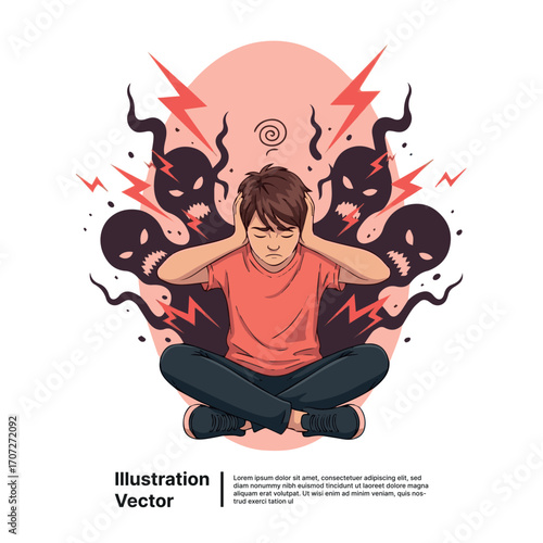 Conceptual illustration of a person battling anxiety, stress, and negative thoughts from within