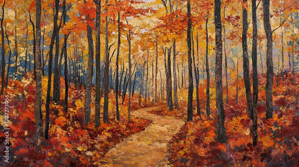 Fototapeta premium Autumn forest path painting