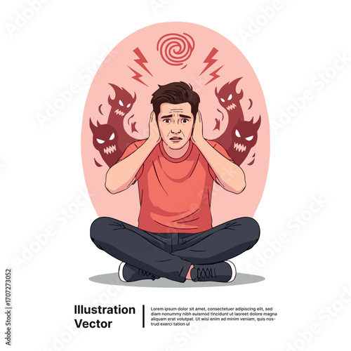 Stressed Man in Lotus Position Surrounded by Monsters Mental Health Illustration