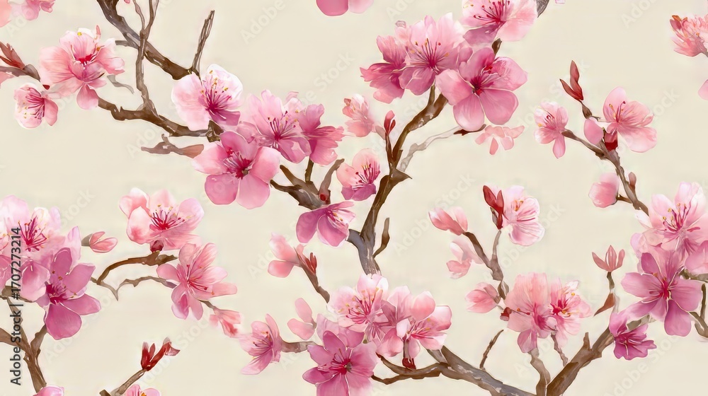 Fototapeta premium Soft Pink Watercolor Cherry Blossoms: Elegant Floral Seamless Pattern, Springtime Design