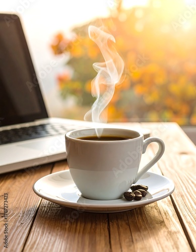 Warm coffee on a wooden desk