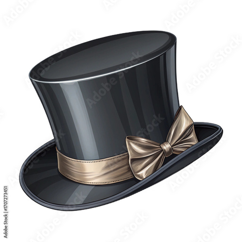 High quality realistic classic black top hat with elegant ribbon band. Vector illustration isolated on transparent background PNG. Perfect for fashion design, costume graphics and party invitations.