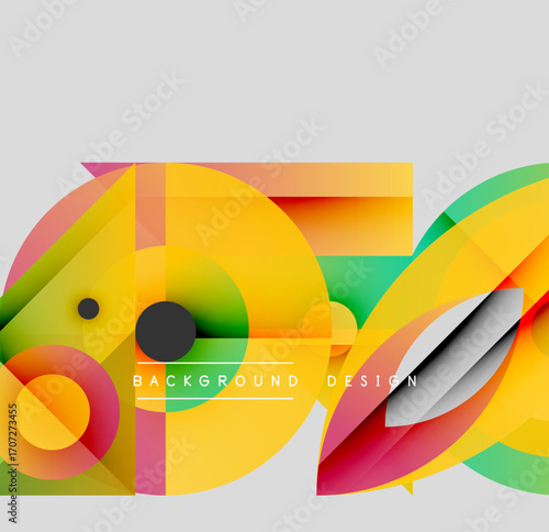Abstract vibrant shapes overlap. Yellow, green, pink hues dominate design. Modern composition creates dynamic visual impact.