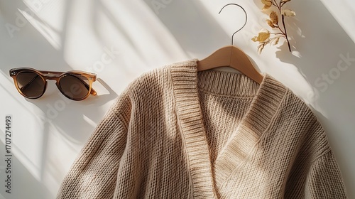 Beige cardigan and sunglasses flatlay
