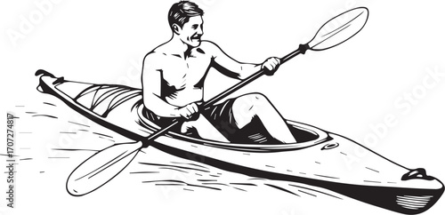 Kayak Adventure: A strong man paddles a kayak, embracing the tranquility of the open water with a sense of adventure and a passion for outdoor activity.