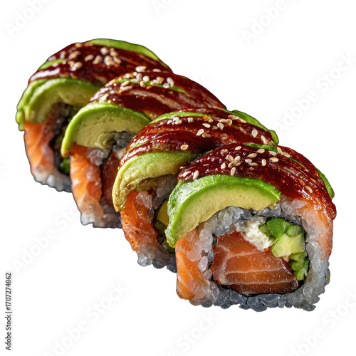Sushi rolls with avocado, salmon, and teriyaki