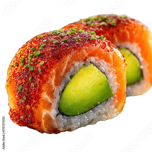 Two salmon sushi rolls, topped with red seasoning, sliced, revealing avocado and rice