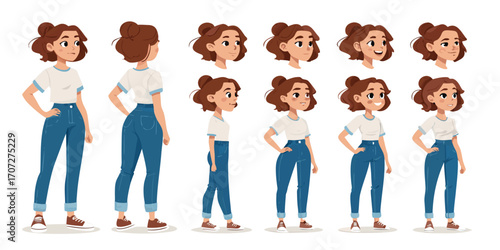 Young woman character constructor in modern casual outfit with jeans and t-shirt. Animation set with hairstyles, emotions, gestures, and different body postures. Vector illustration for explainer vide