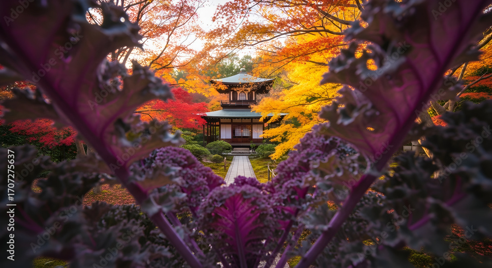 Obraz premium Traditional Japanese Pagoda Framed by Vibrant Autumn Foliage and Ornamental Purple Kale in a Serene Garden