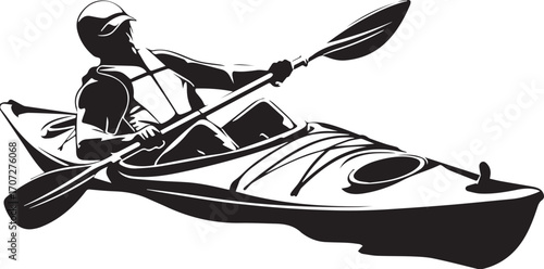 Kayaking Adventure: A dynamic monochrome illustration captures the essence of an exhilarating kayaking journey. A lone figure is paddling through open waters.