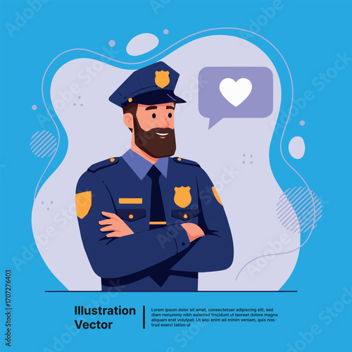 Friendly police officer with a heart icon representing community support and public safety