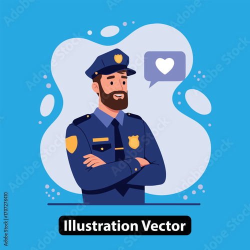 Friendly police officer with a heart icon symbolizing public approval and community trust