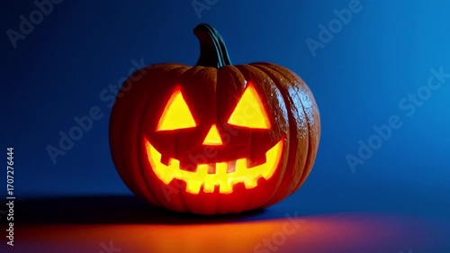 Minimalist A halloween lit Jack O Lantern in a spotlight glow on a wide dark blue background	
