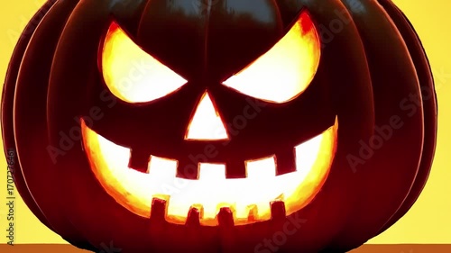 A halloween lit Jack O Lantern in a spotlight glow on a wide dark orange background