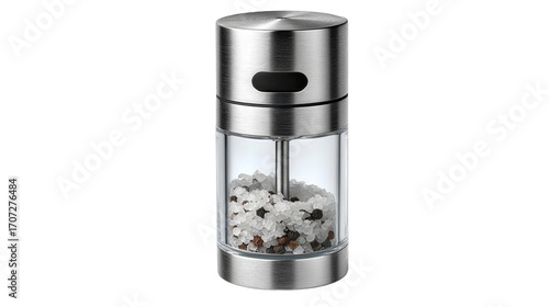 Stainless steel spice grinder with glass insert.  Small, cylindrical container with a clear glass center showing mixed salt and pepper.  Metal top and base.  Modern design