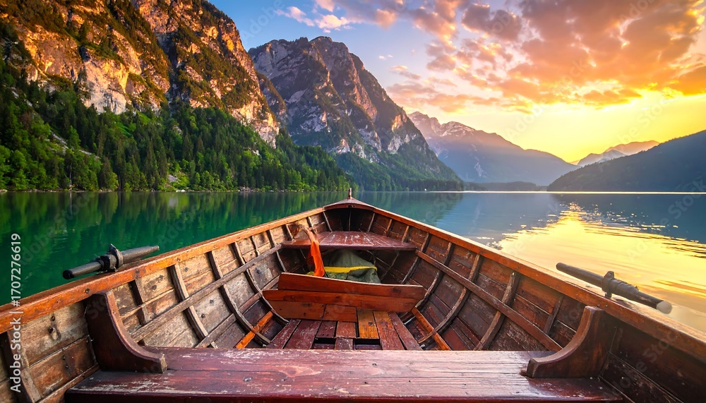 Fototapeta premium Serene mountain lake sunrise from a wooden boat